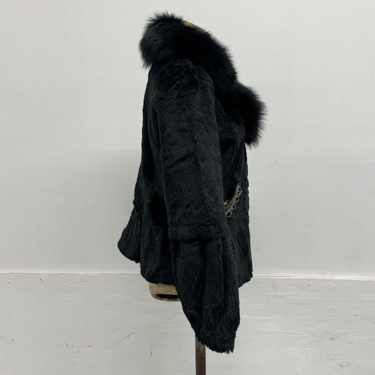 Vintage Black Rabbit & Fox Fur Jacket Rhinestone Detail Coat