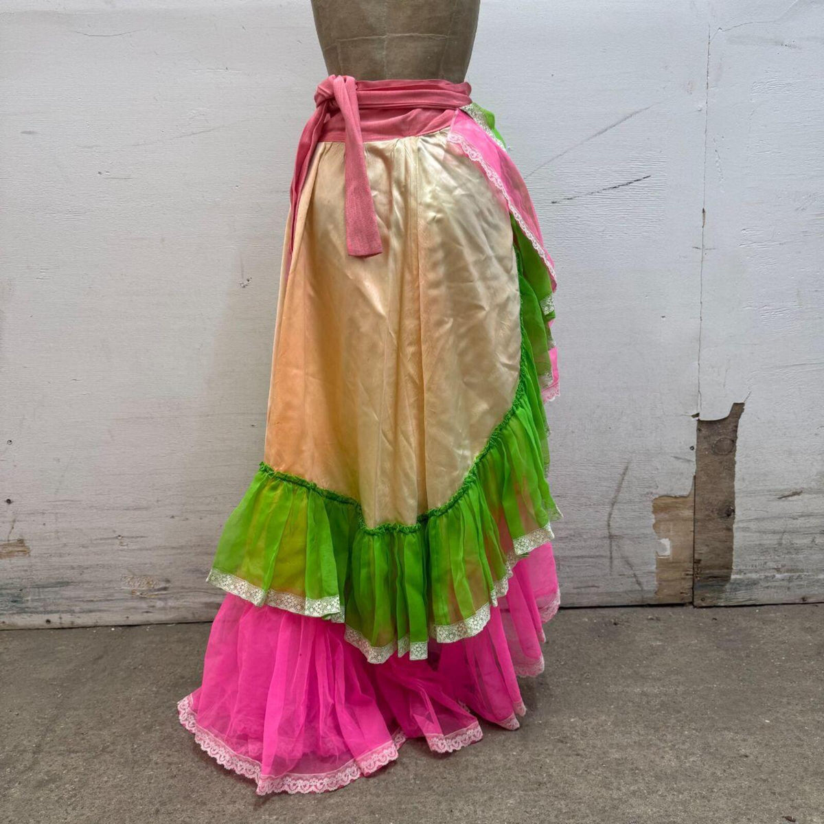 Vintage Broadway Costume 70s Neon Ruffle Maxi Wrap Skirt