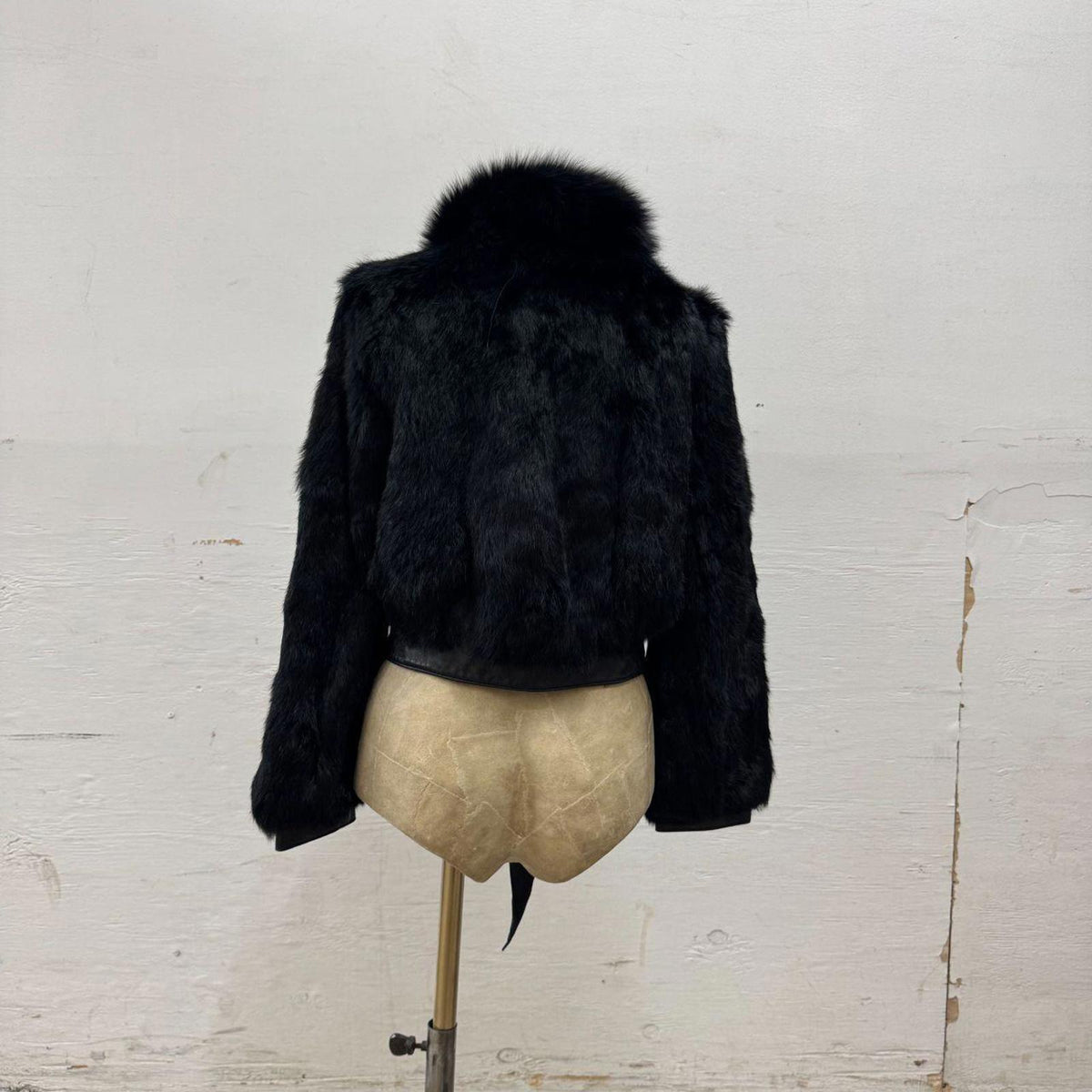 Vintage Y2K Cropped Satin Waist Tie Rabbit Fur & Leather Jacket Coat