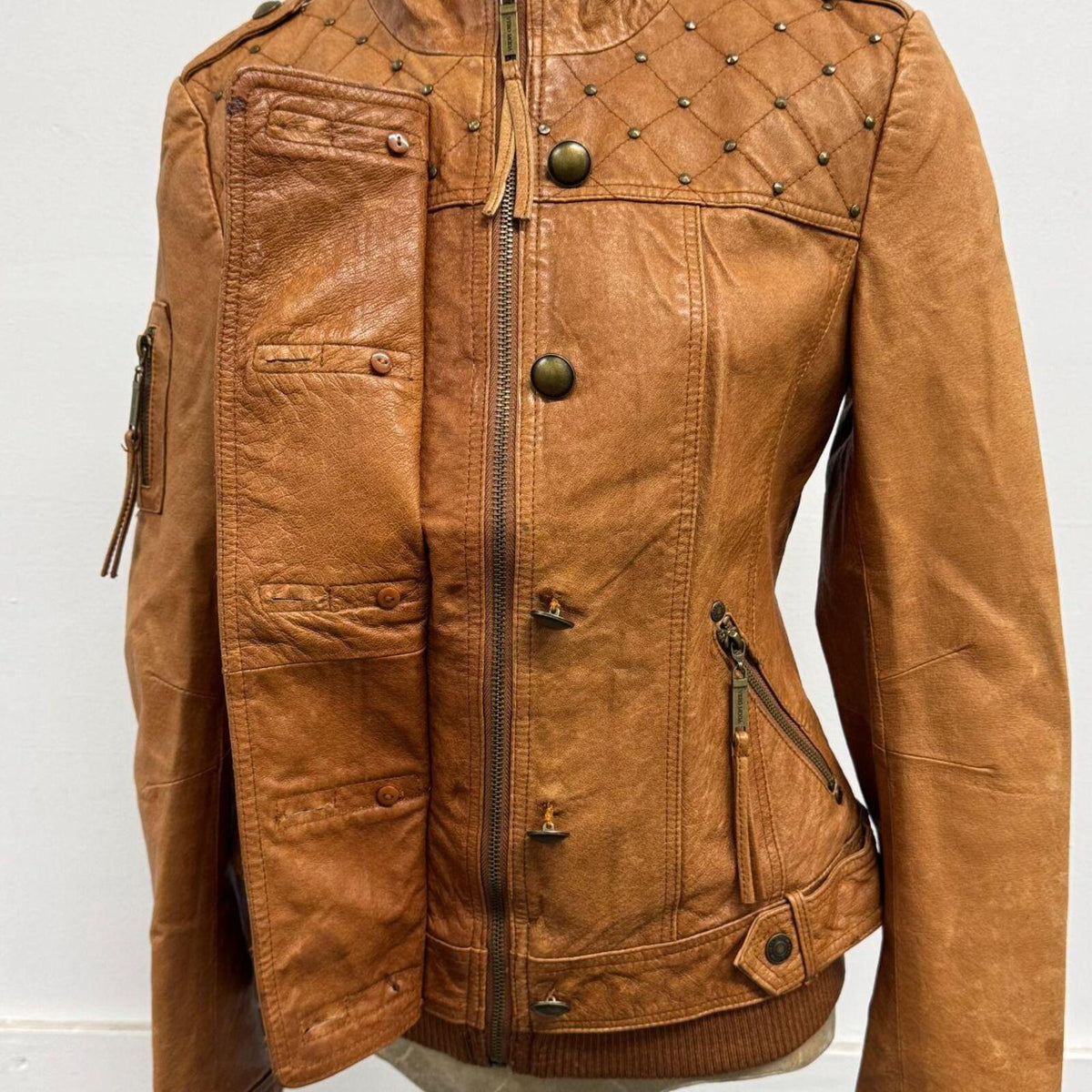 Vintage Tan Cognac Military Style Leather Jacket