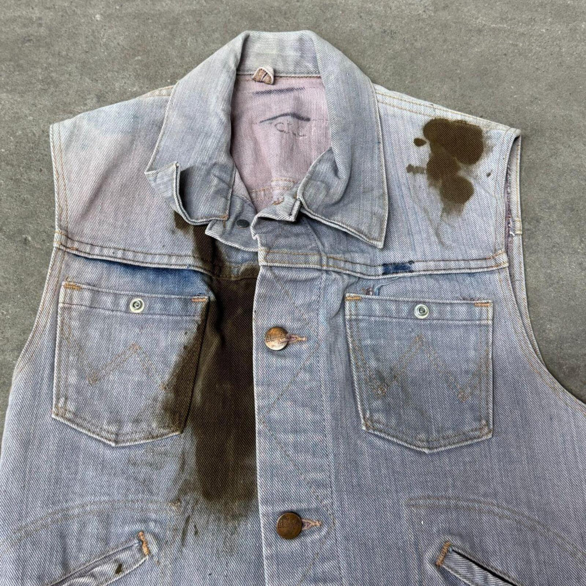 70s Vintage Oil-Stained Denim Vest M Faded Thrashed