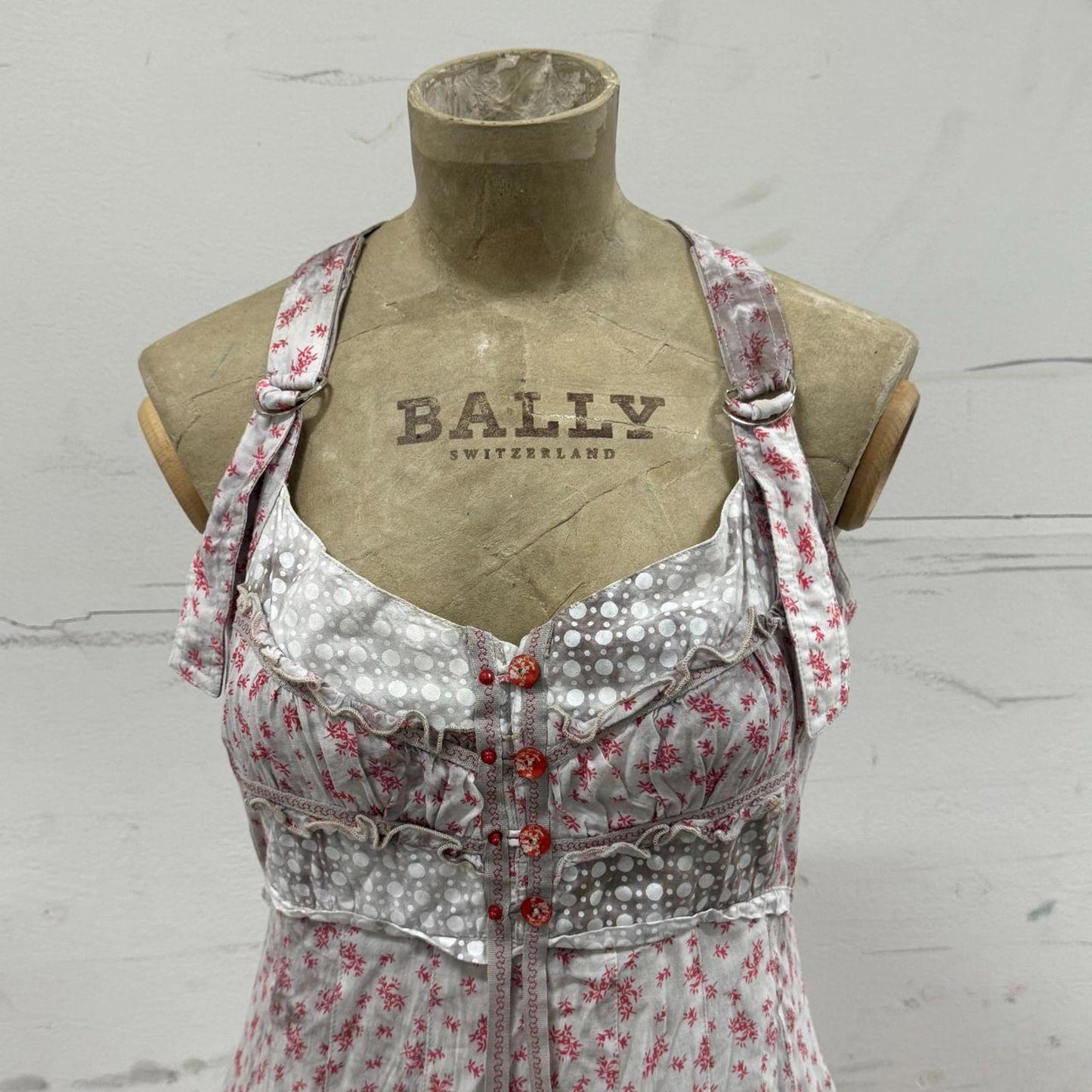 Vintage European Avant Garde Floral Cotton Red Grey White Mini Dress