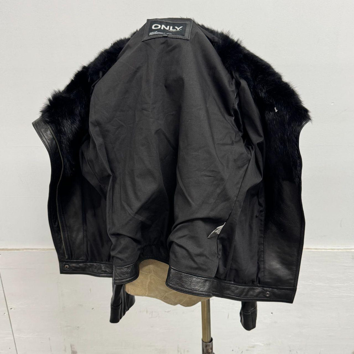 Vintage Black Funnel Rabbit Fur Neck Avant Garde Leather Jacket