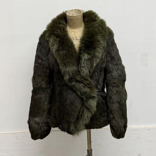 Vintage Y2K Olive Green Rabbit & Fox Fur Jacket Coat
