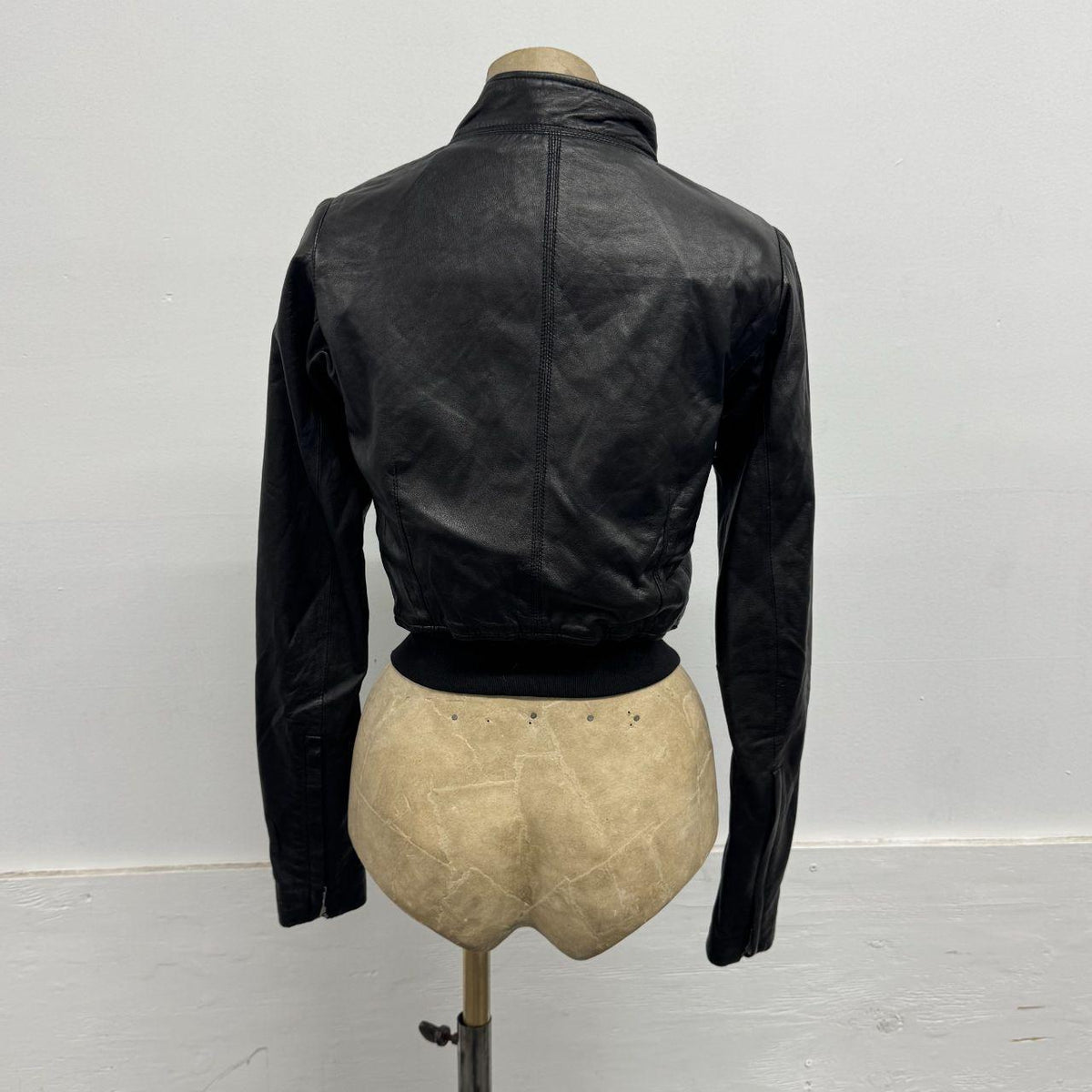 Vintage Black Funnel Neck Asymmetric Avant Garde Leather Jacket