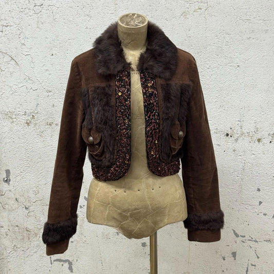 Y2K Vintage Brown Beaded & Rabbit Fur Cropped Bolero Jacket