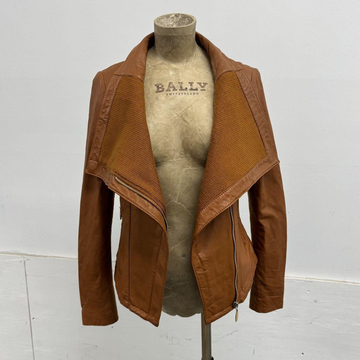 Vintage Tan Brown Funnel Neck Asymmetric Avant Garde Leather Jacket