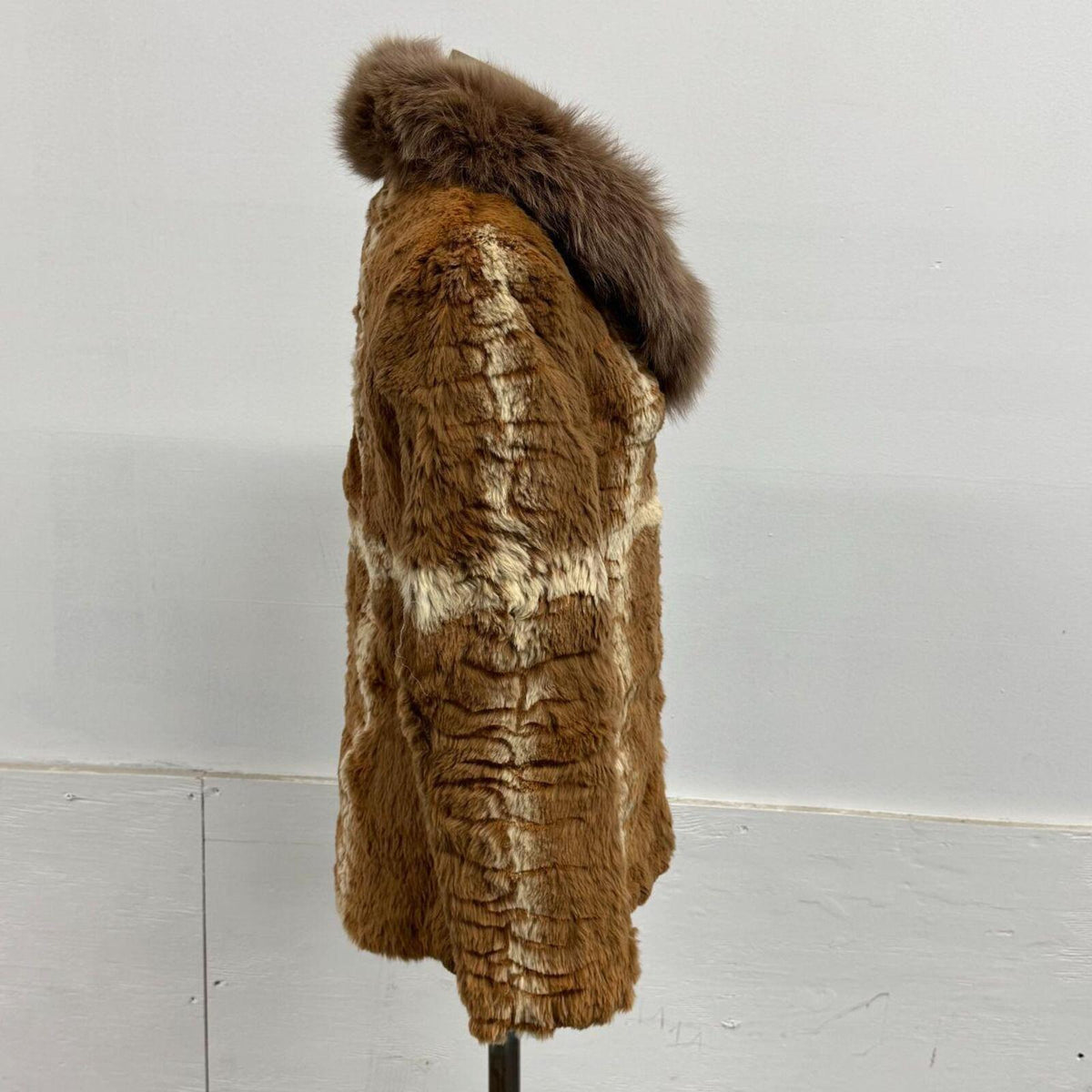 Vintage Cross Stripe Cognac Brown Rabbit & Fox Fur Jacket Coat