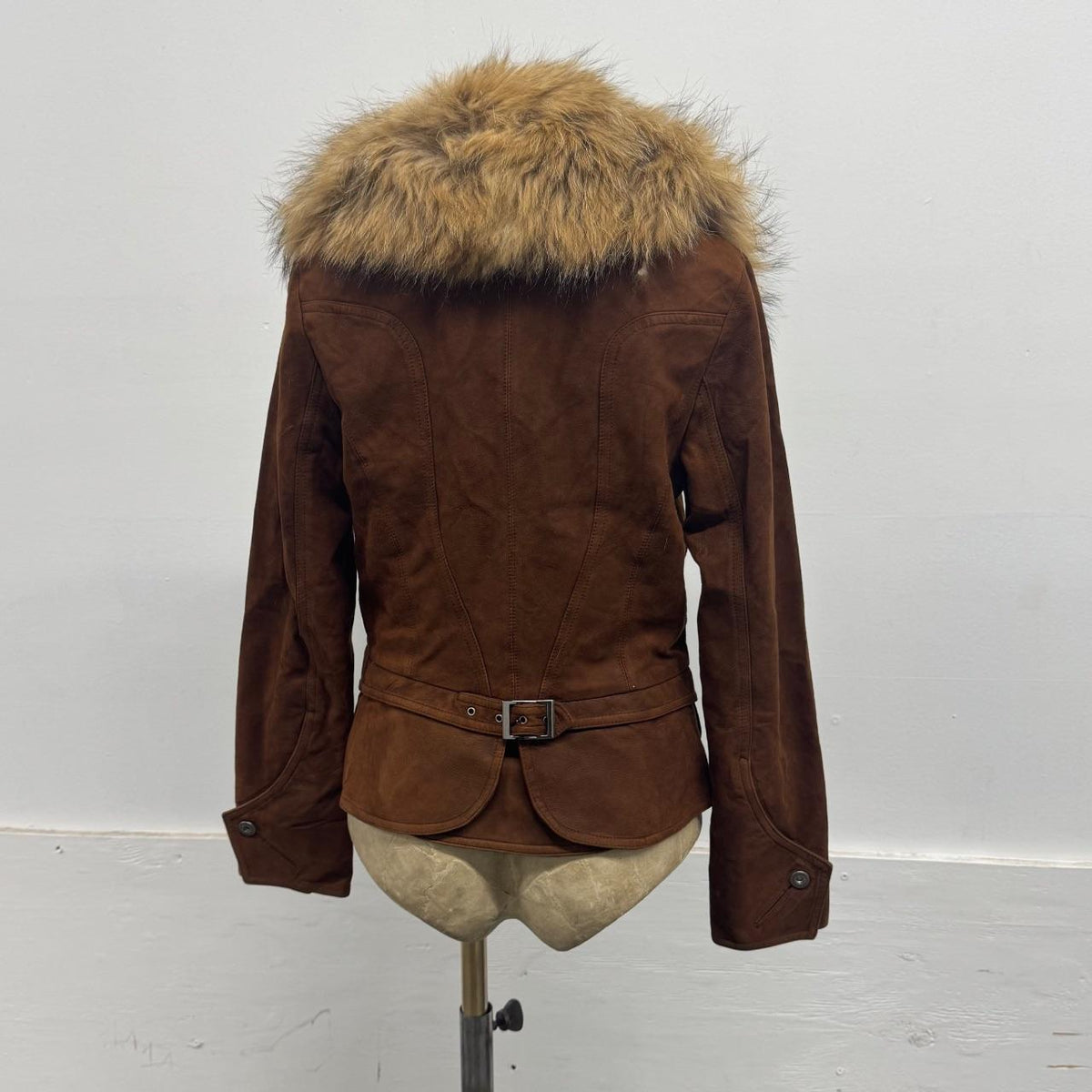 Vintage Folli Follie Italian Brown Suede Leather Jacket w Raccoon Fur Collar