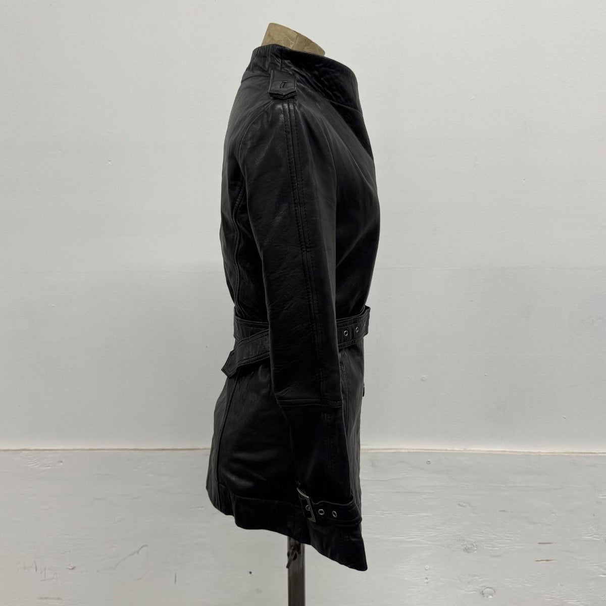 Vintage Black Belted Funnel Neck Longline Avant Garde Leather Jacket
