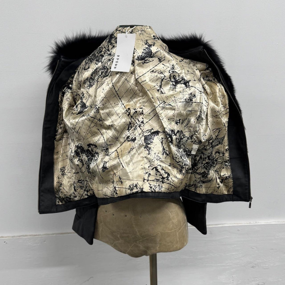 Vintage Y2K Jet Black Real Fox Rabbit Fur Leather Belted Jacket Coat
