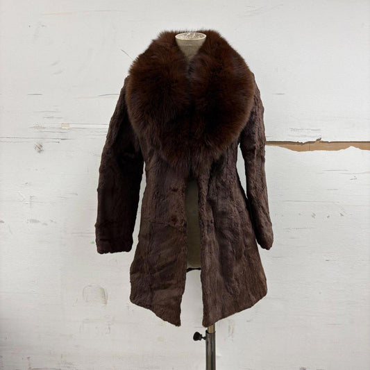 Vintage Brown Rabbit Fur Coat with Oversized Fox Collar