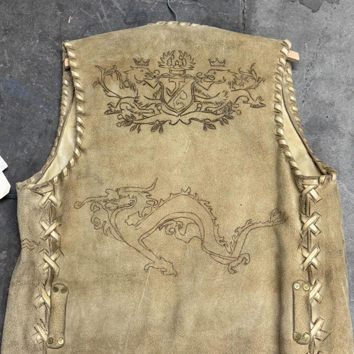 Vintage 60s 70s Suede Buckskin Western Film Costume Vest Stenciled Whipstitch