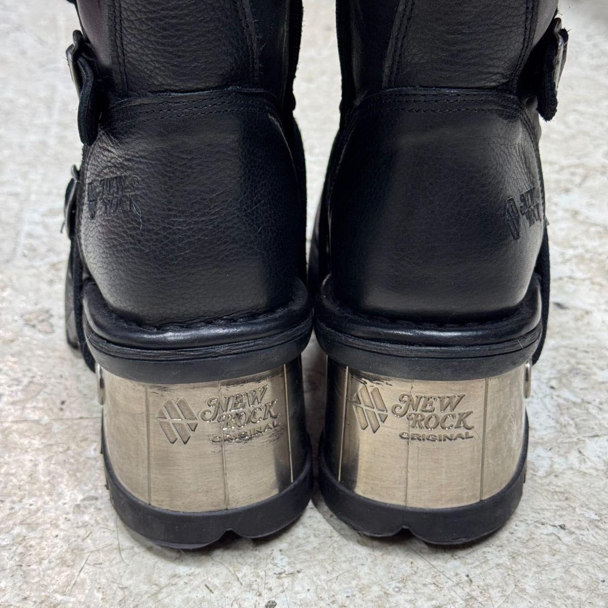 NWT New Rock Black Leather Metal Block Heel Buckle Platform Boots