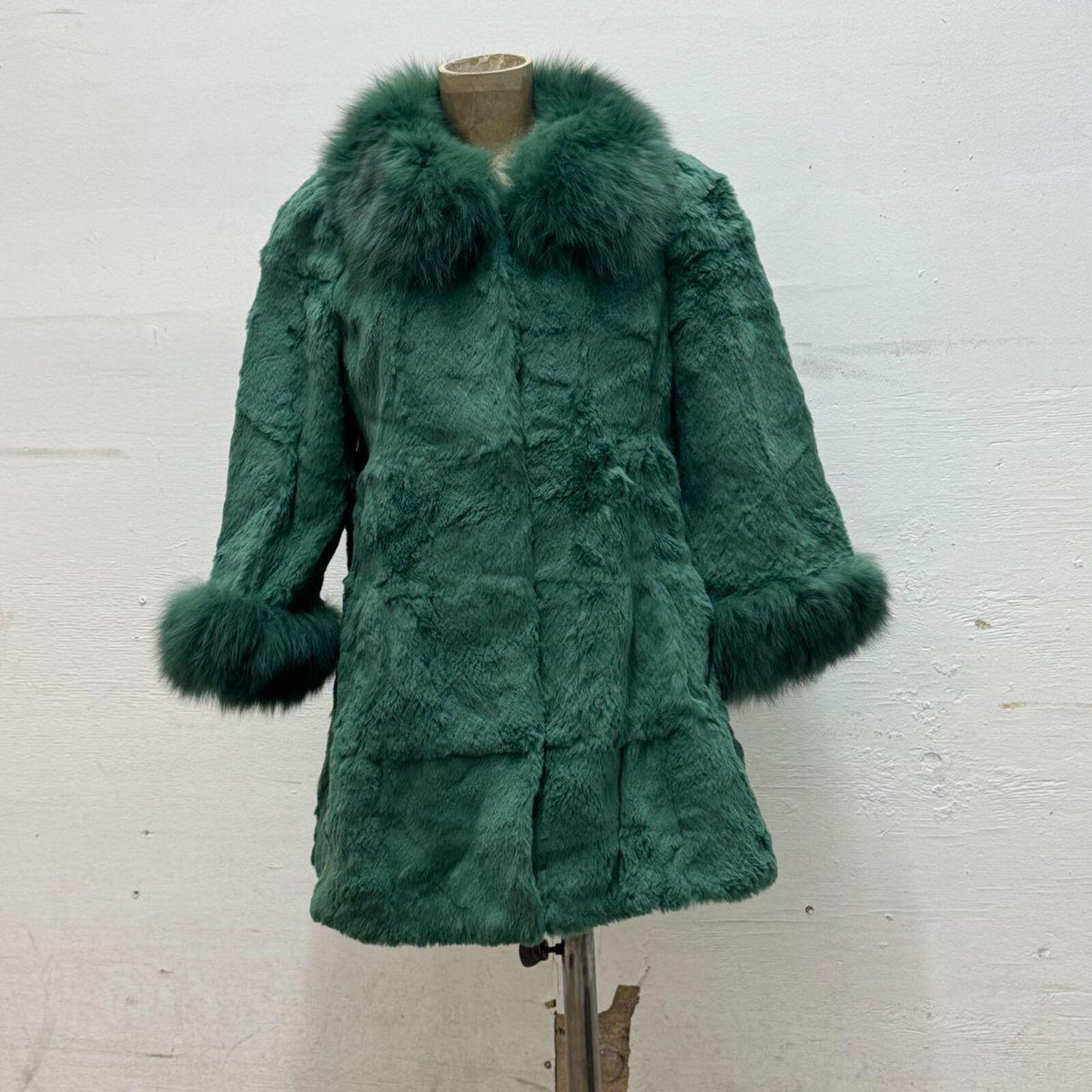 Vintage Green Rabbit & Fox Fur Longline Jacket Coat