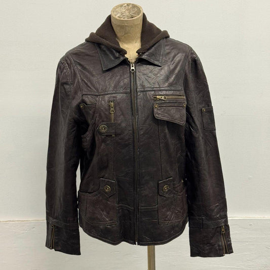 Vintage Brown Cargo Corset Back Knit Hood Leather Jacket