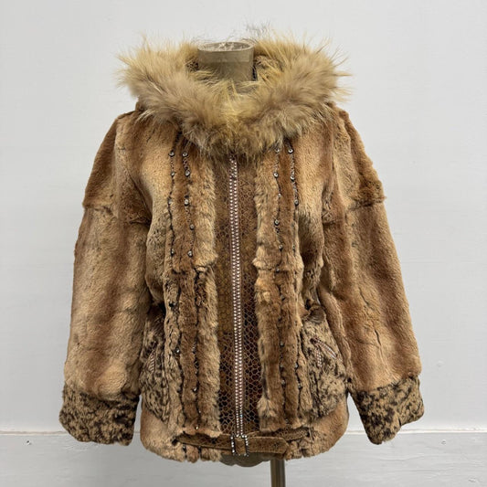 Vintage Y2K Hooded Rhinestone Rabbit & Raccoon Fur Jacket Coat