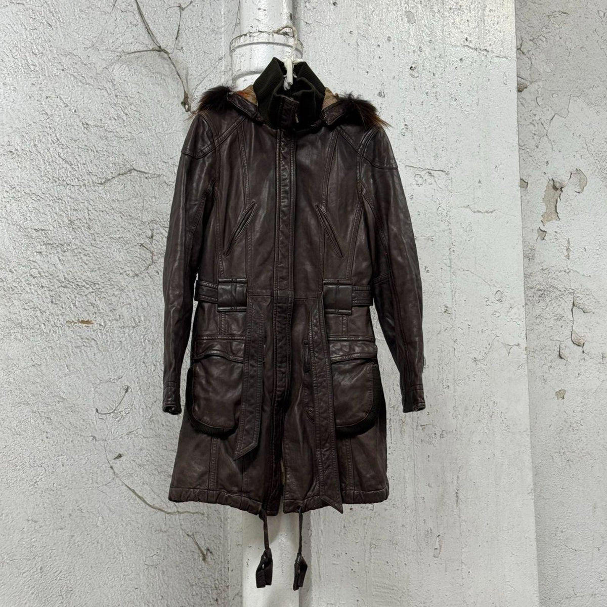 Vintage Y2K Genuine Fur-Trimmed Leather Longline Parka Coat Brown