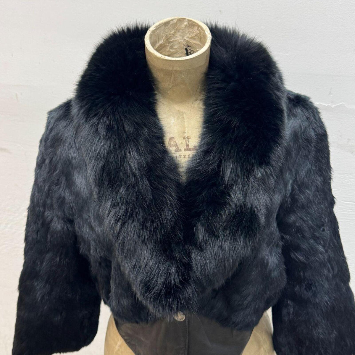 Y2K Vintage Black Rabbit & Fox Fur Leather Crop Jacket Coat