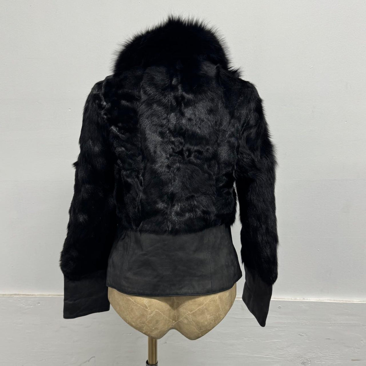 Vintage Y2K Jet Black Real Fox Rabbit Fur Leather Belted Jacket Coat