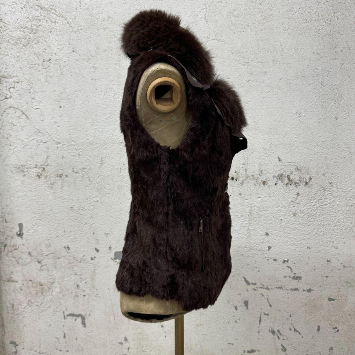 Vintage Chocolate Brown Rabbit Fox Fur & Leather Gilet Vest