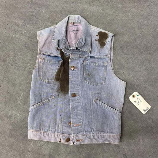 70s Vintage Oil-Stained Denim Vest M Faded Thrashed