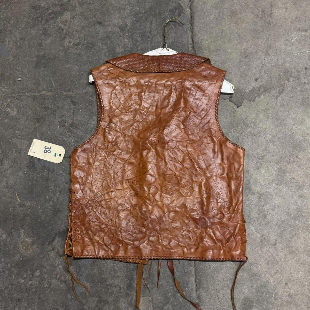 Vintage 60s 70s Leather Western Film Costume Vest Brown Embossed
