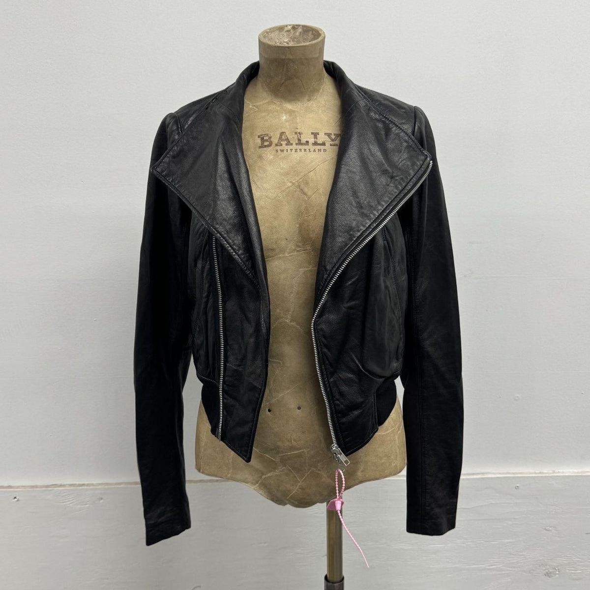 Vintage Black Funnel Neck Asymmetric Avant Garde Leather Jacket