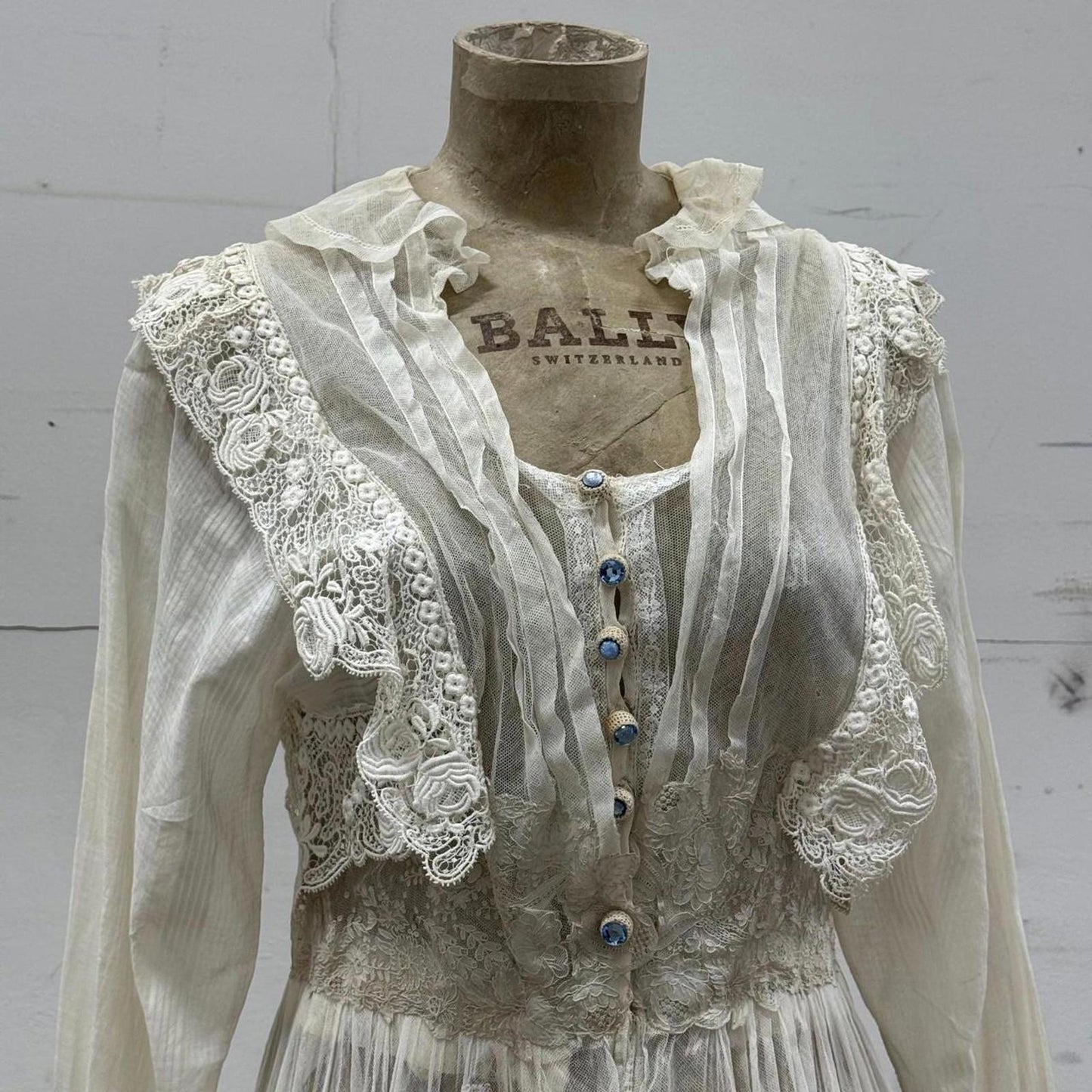 Edwardian Antique Lingerie Dress Lace Ruffle Gem Buttons