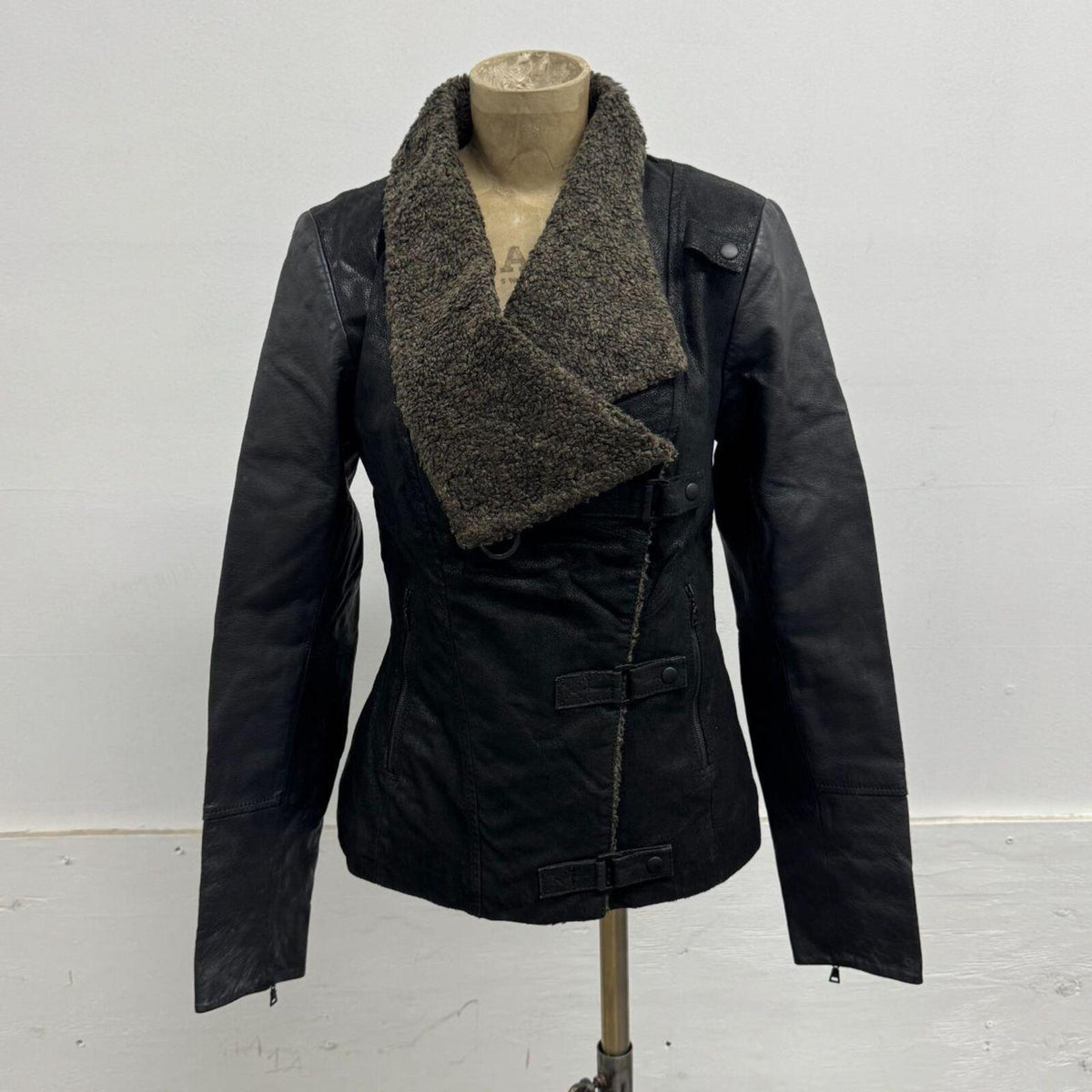 Vintage Black Funnel Neck Asymmetric Faux Leather Jacket Blink