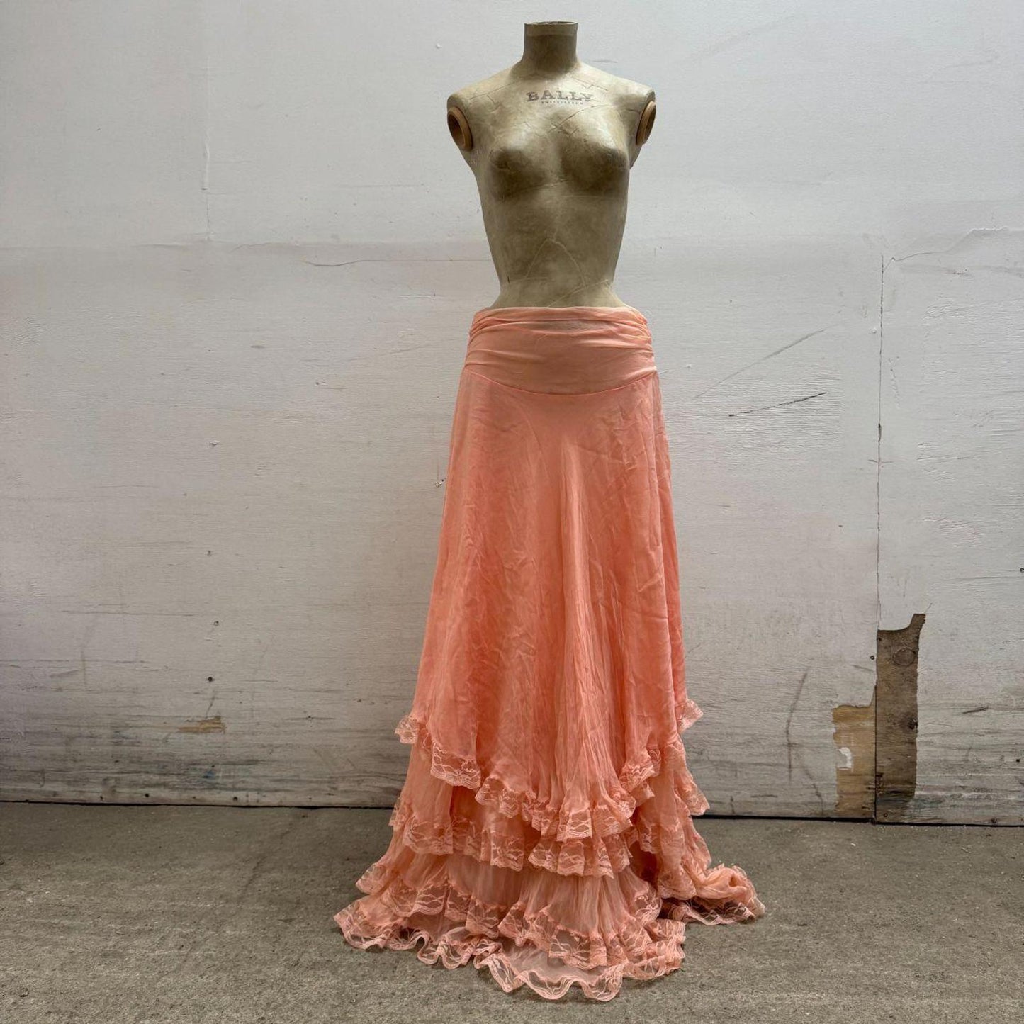 MNG by Zuhair Murad Silk Layered Skirt Y2K Vintage Boho Peach Pink Lace 6 Rare