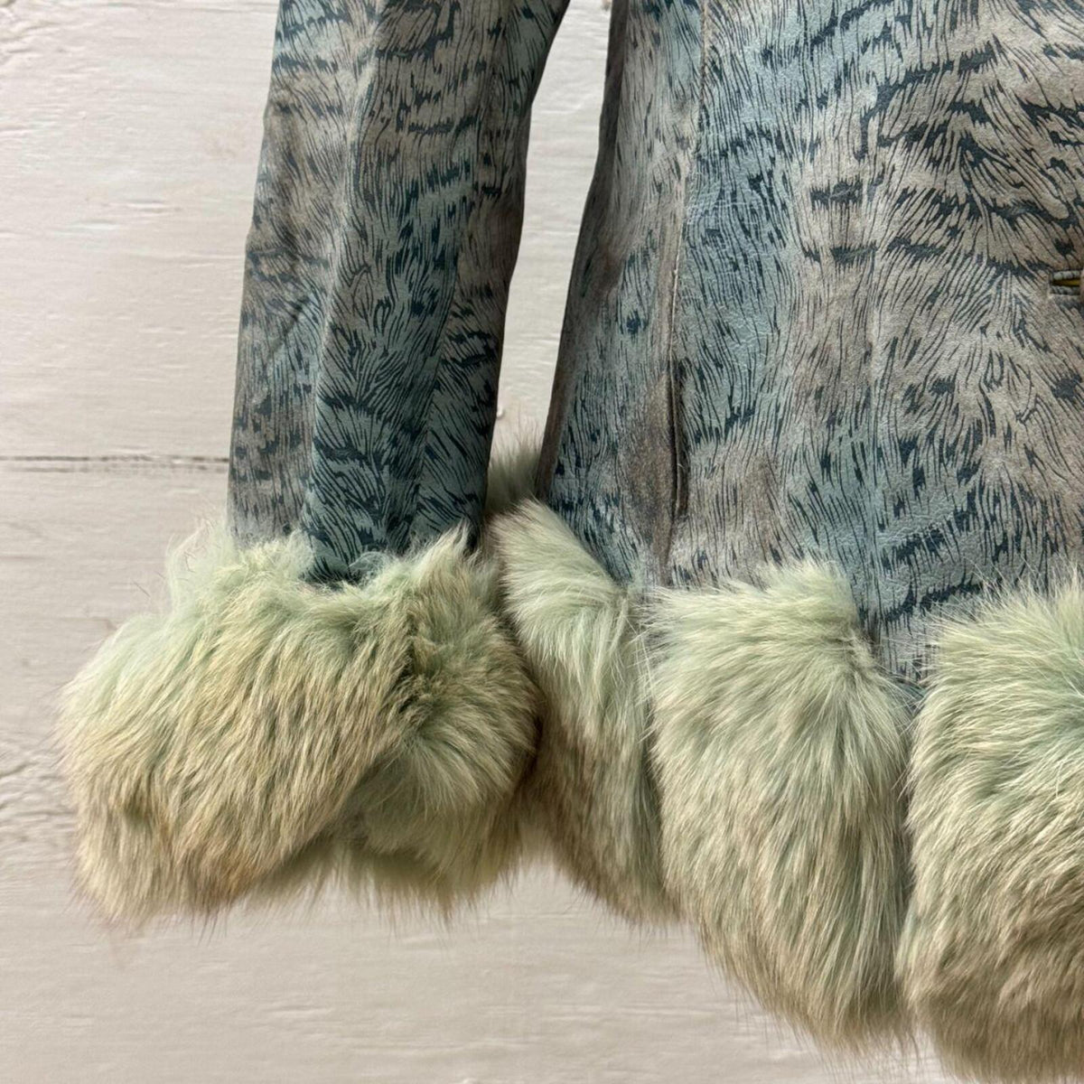 Vintage Y2K Blue Seafoam Fox Fur & Leather Jacket Coat