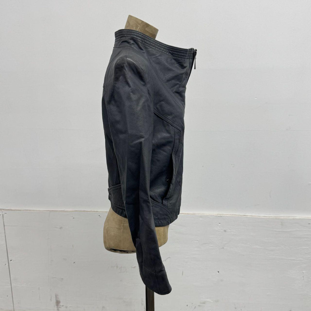 Vintage Grey Funnel Neck Asymmetric Avant Garde Leather Jacket