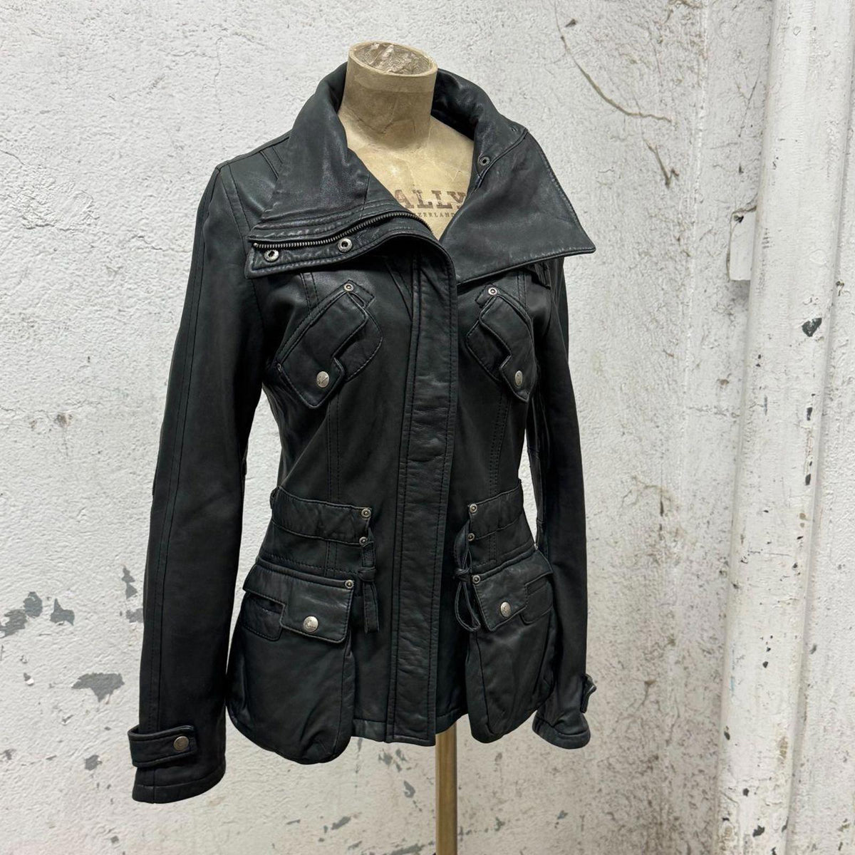 Vintage Technical "Cyber-Cargo" Funnel Neck Genuine Leather Jacket Black