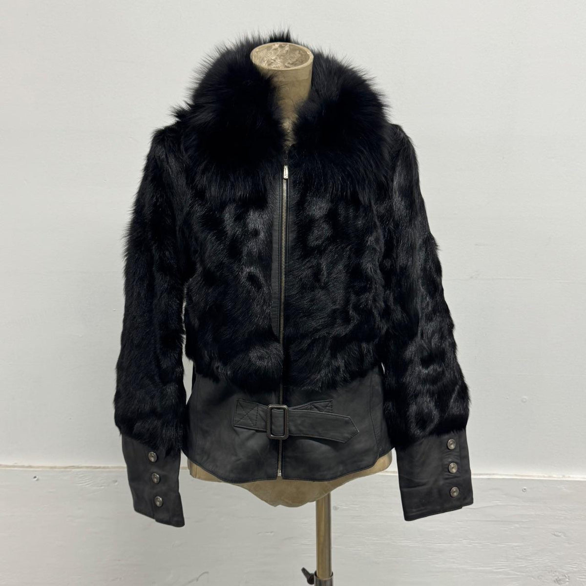 Vintage Y2K Jet Black Real Fox Rabbit Fur Leather Belted Jacket Coat