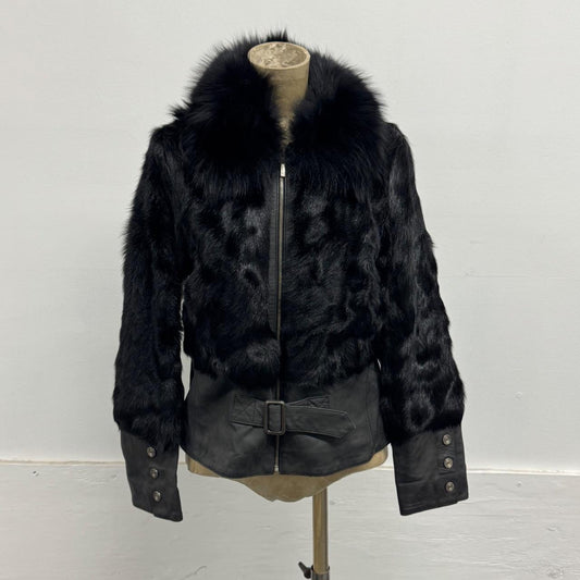 Vintage Y2K Jet Black Real Fox Rabbit Fur Leather Belted Jacket Coat