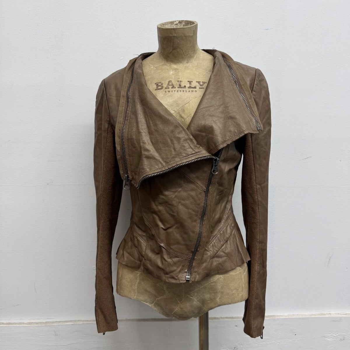 Vintage Brown Funnel Neck Asymmetric Avant Garde Leather Jacket