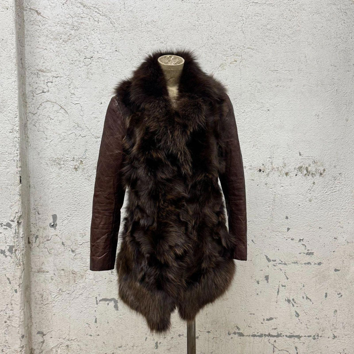 Vintage Brown Y2K Real Quilted Leather & Fox Fur Jacket Coat