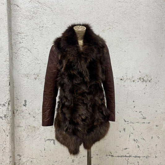 Vintage Brown Y2K Real Quilted Leather & Fox Fur Jacket Coat