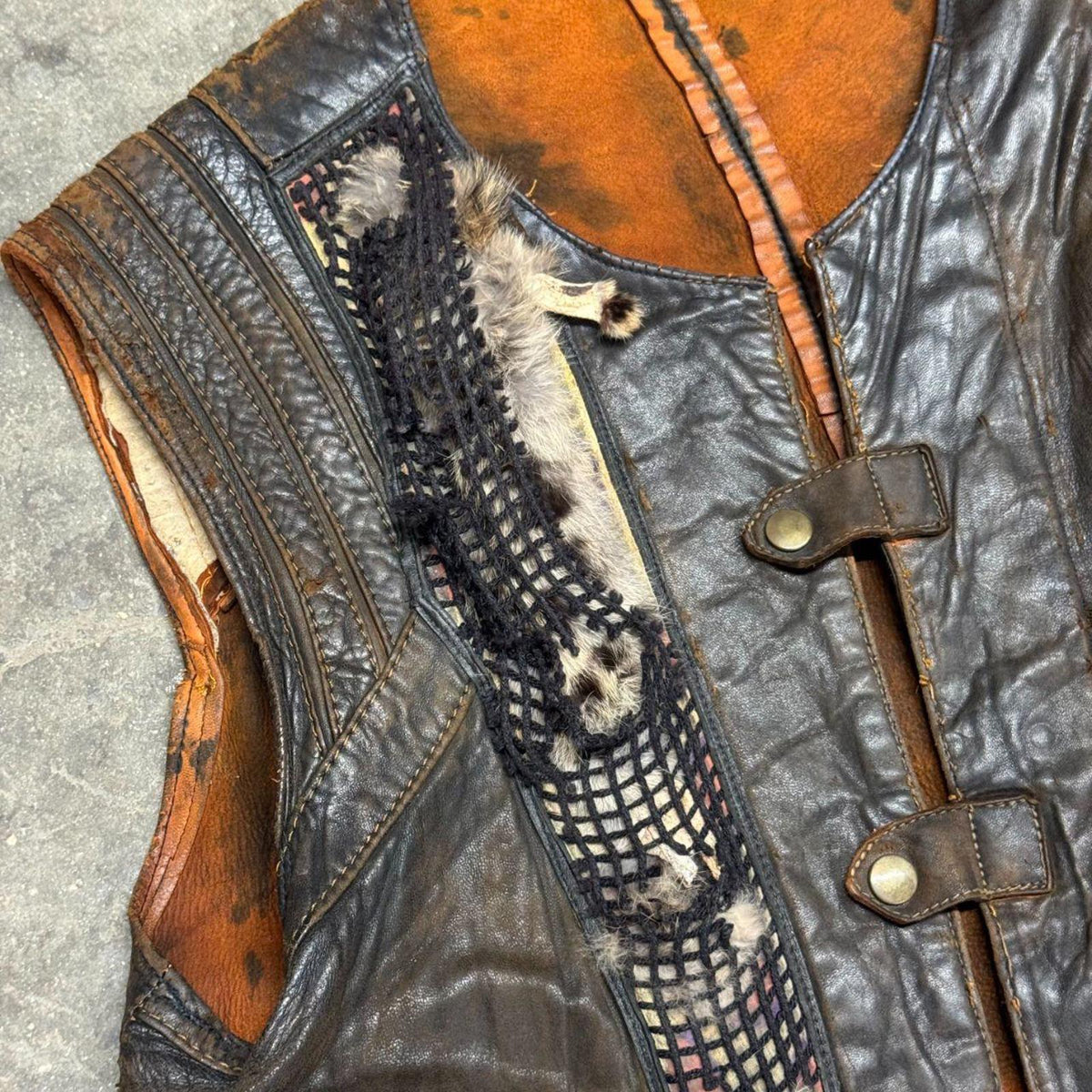 Vintage 60s 70s Leather Fur Western Film Costume Vest Distressed Thrashed