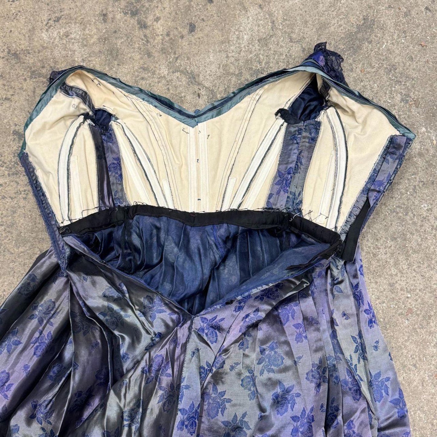 50s Vintage Iridescent Blue Floral Silk Victorian 1800s Style Gown Film Costume