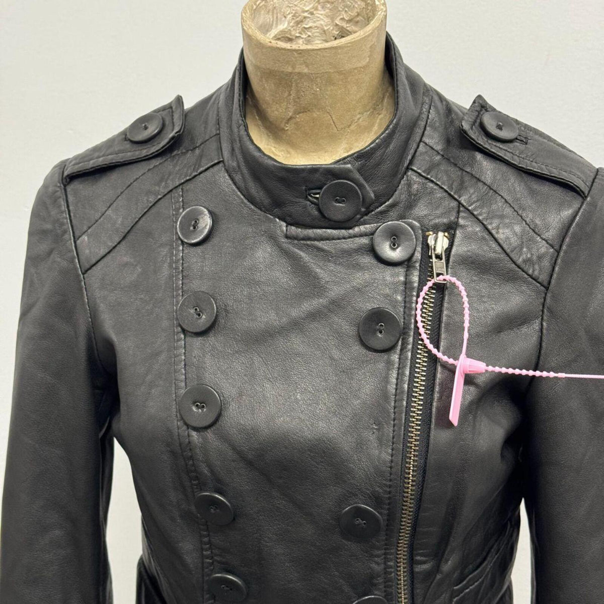 Vintage Black High Neck Military Button Steampink Leather Jacket