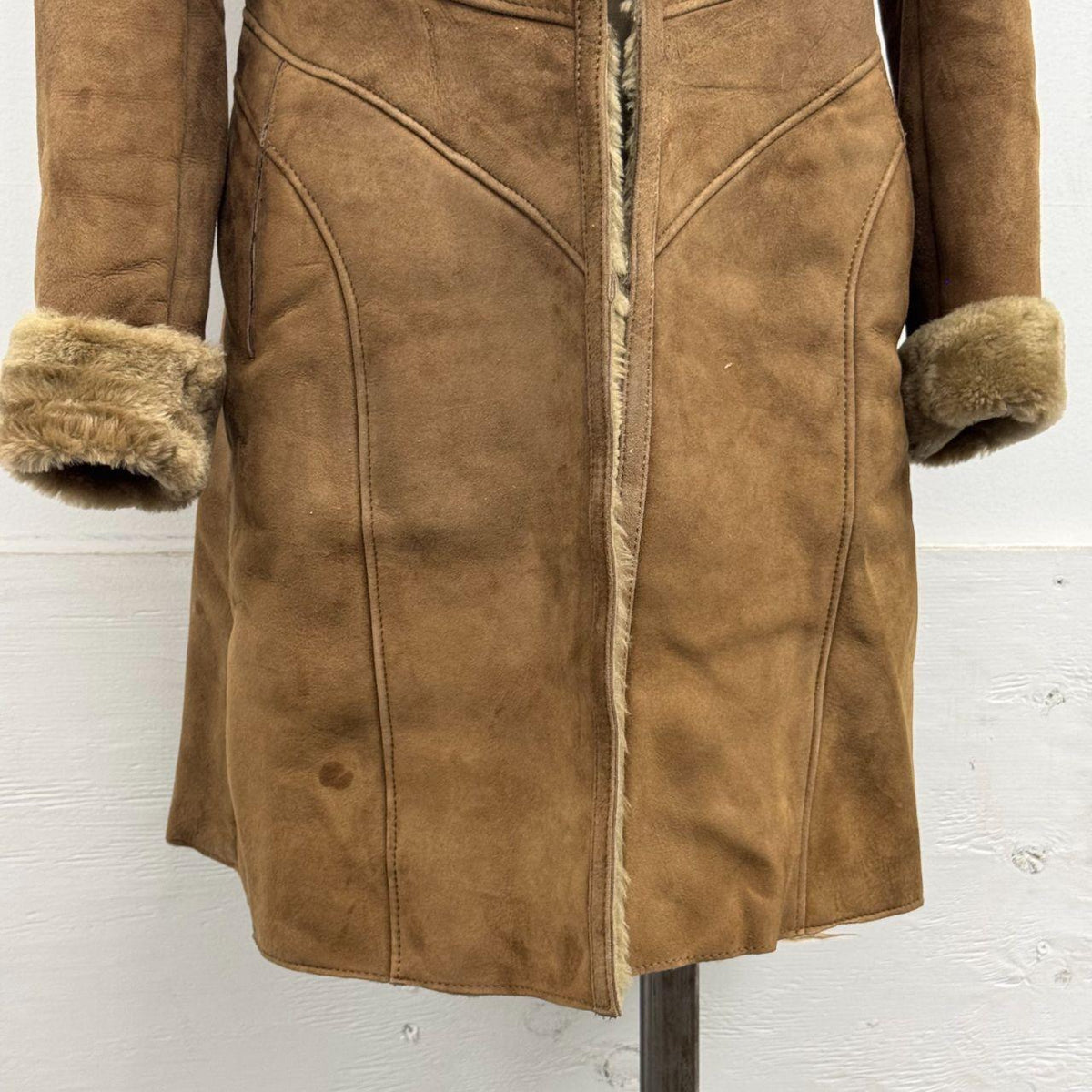 Vintage Y2K Brown Shearling Penny Lane Suede Coat w Raccoon Fur Collar