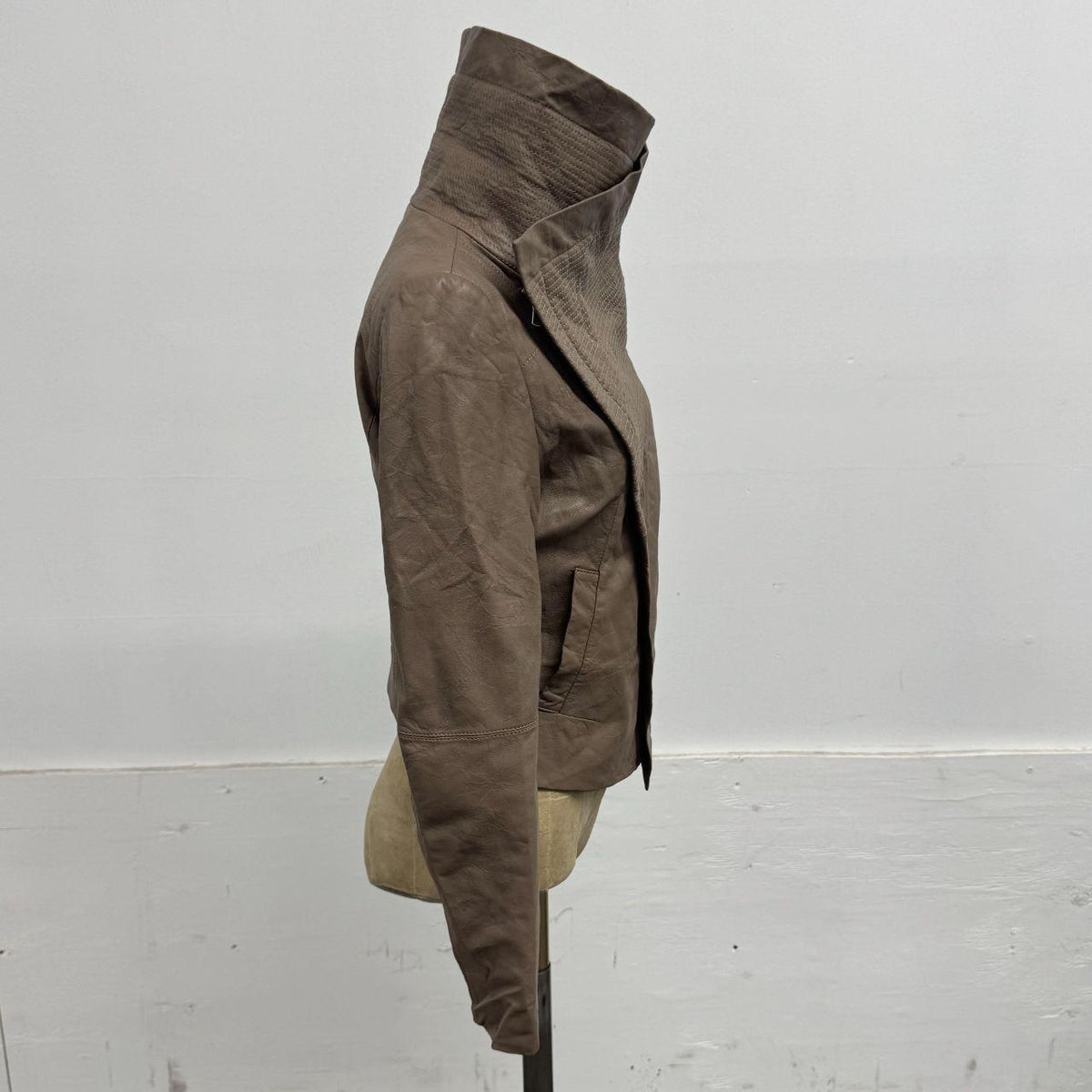 Vintage Brown Funnel Neck Asymmetric Avant Garde Leather Jacket
