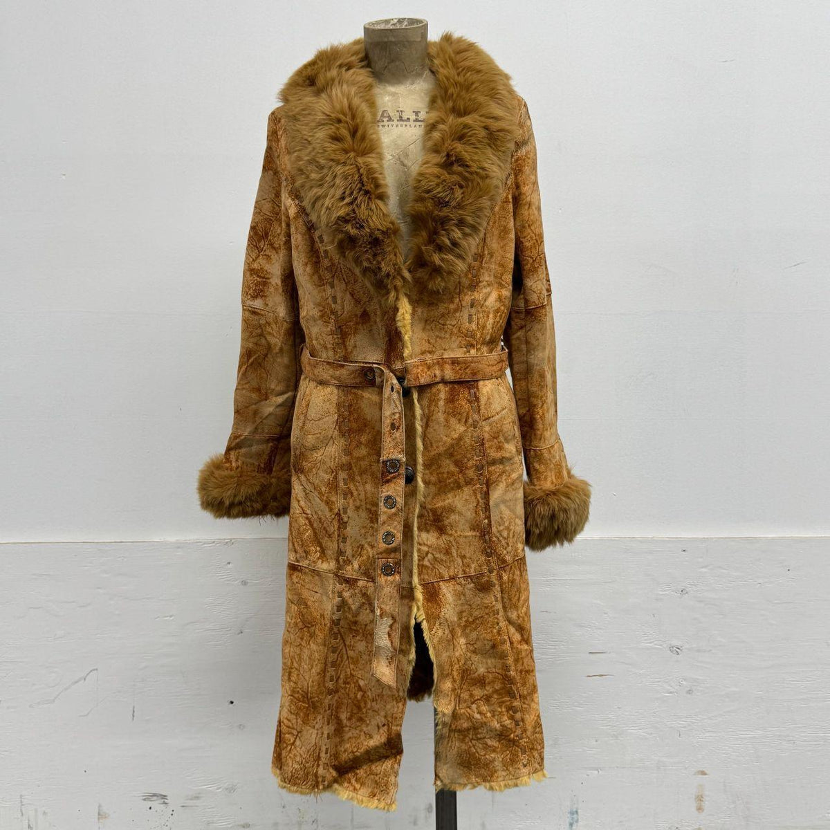 Vintage Y2K Penny Lane Suede Trench Coat w Fox Fur Collar Rabbit Lining