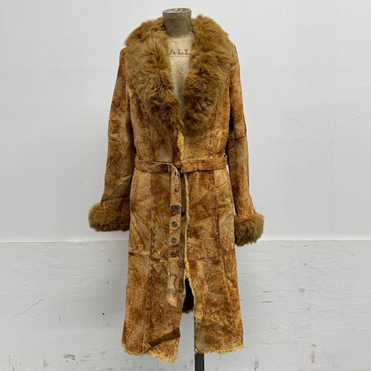 Vintage Y2K Penny Lane Suede Trench Coat w Fox Fur Collar Rabbit Lining