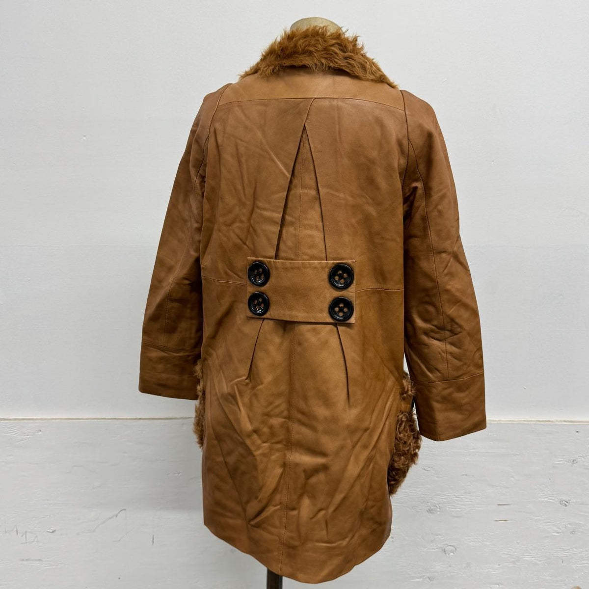 Vintage Camel Tan Leather Shearling Mod Swing Coat w Oversized Buttons