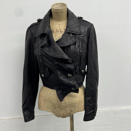 Vintage Black Moto Cropped Asymmetric Avant Garde Leather Jacket