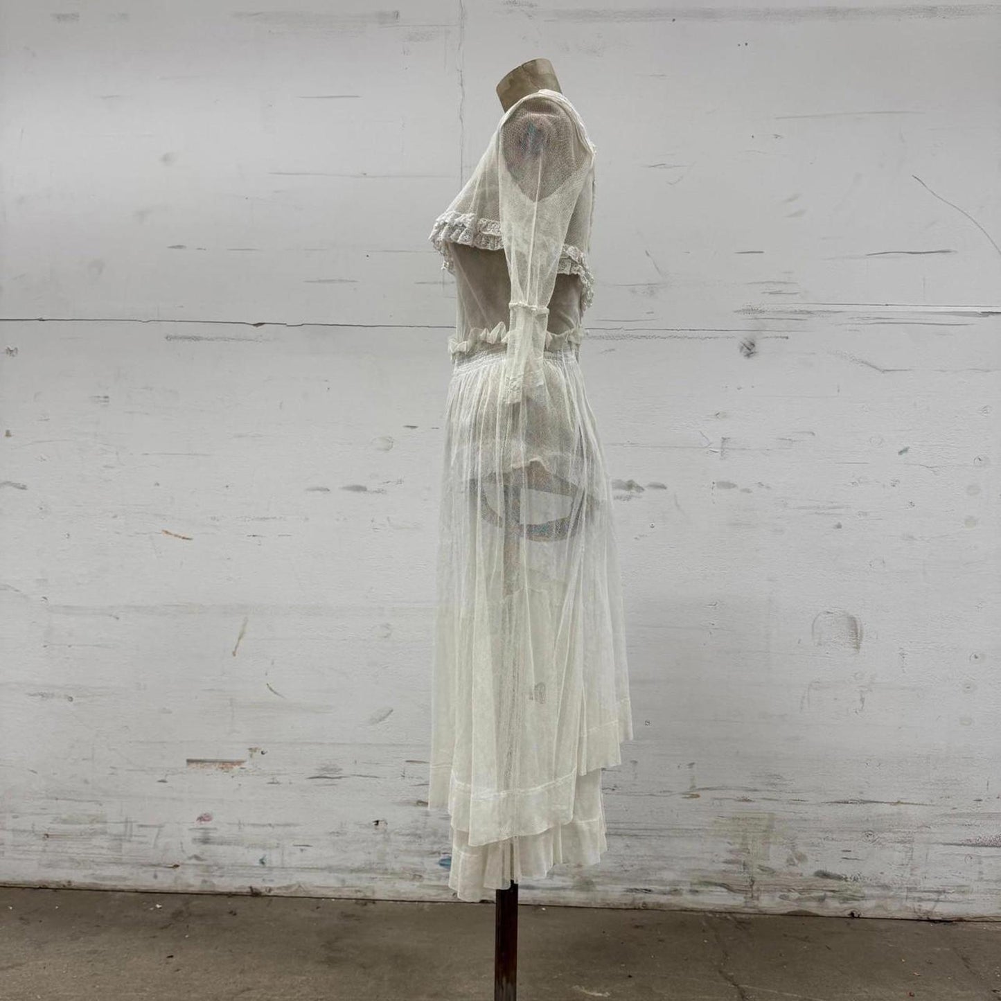 Edwardian Vtg 1910s White Lace Tulle Lingerie Dress Antique