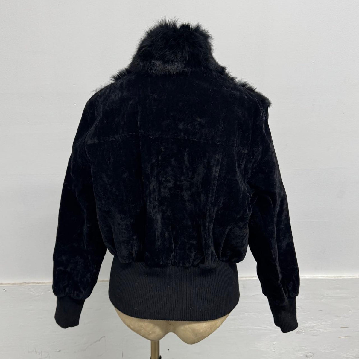 Vintage Y2K Black Plush Rabbit Fur & Velvet Zip-Up Bomber Jacket